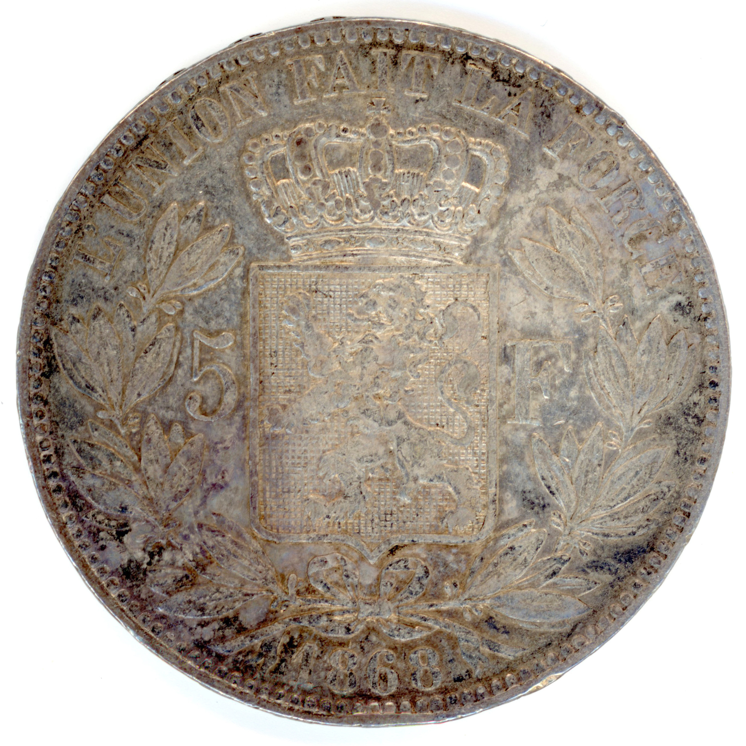 Belgique - 5 francs - 1868 - Bruxelles  revers